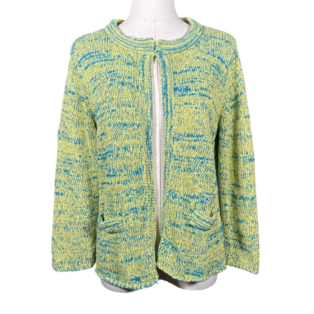 Outlander Womens Large Lime Green Teal Blue Metallic Lurex Open Front Cardigan